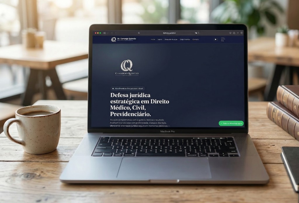 MacBook em mesa com café e livros exibindo a landing page do Dr. Camargo Quintão